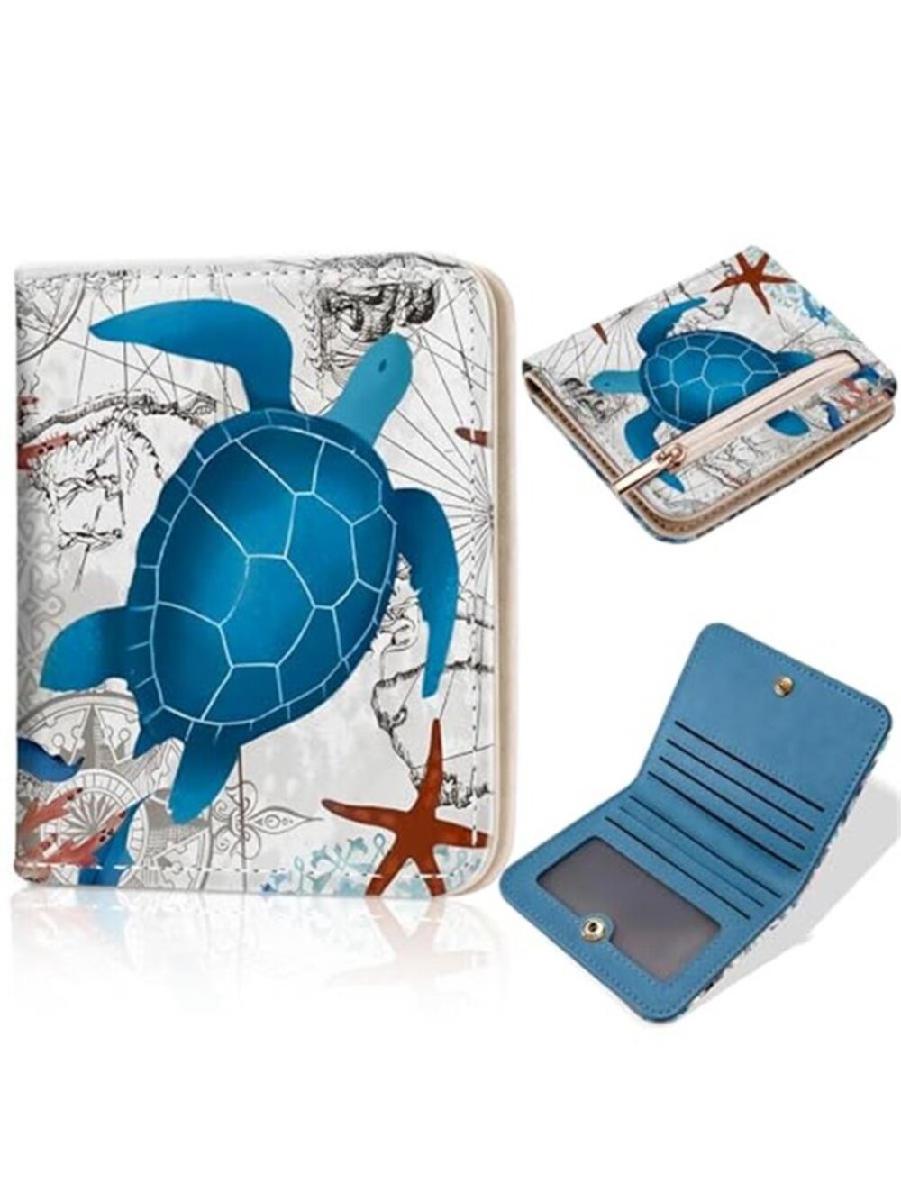Sea Turtle Slim Bifold Wallet Women RFID Blocking Vegan Leather Coin Zipper